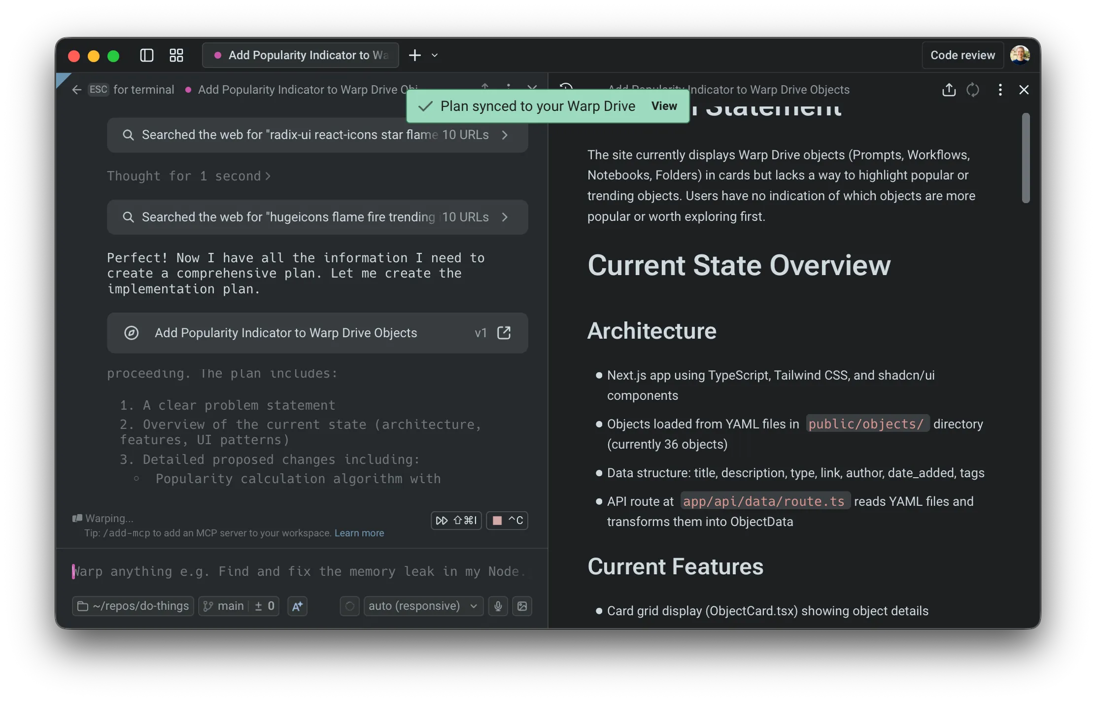 Plans are automatically synced to Warp Drive.